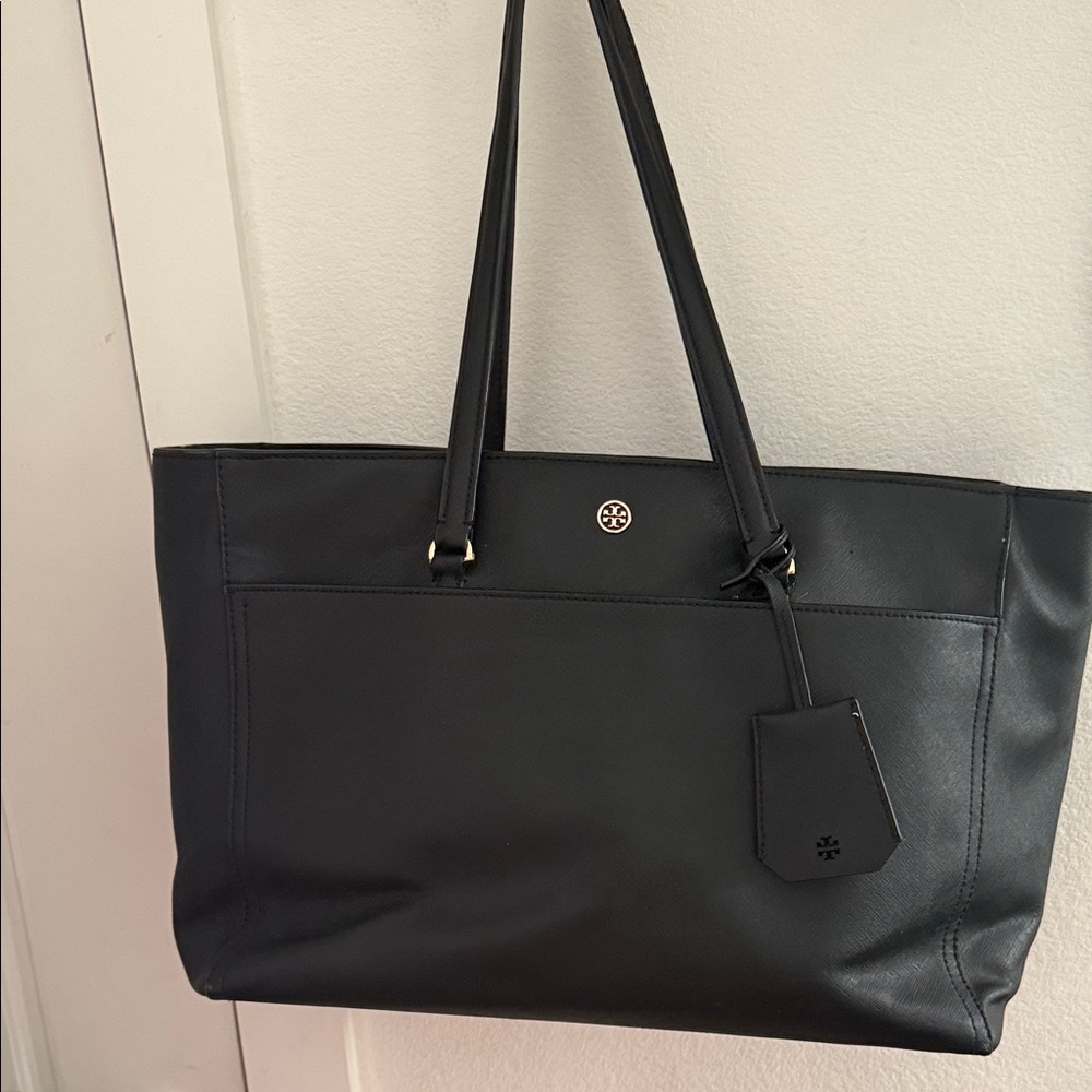 Tory Burch Black Leather Double-Handle Tote with Gold Logo